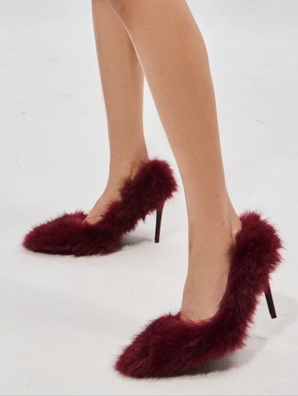 Burgundy Faux Fur Pointed Stiletto Pumps - Women Sz 11